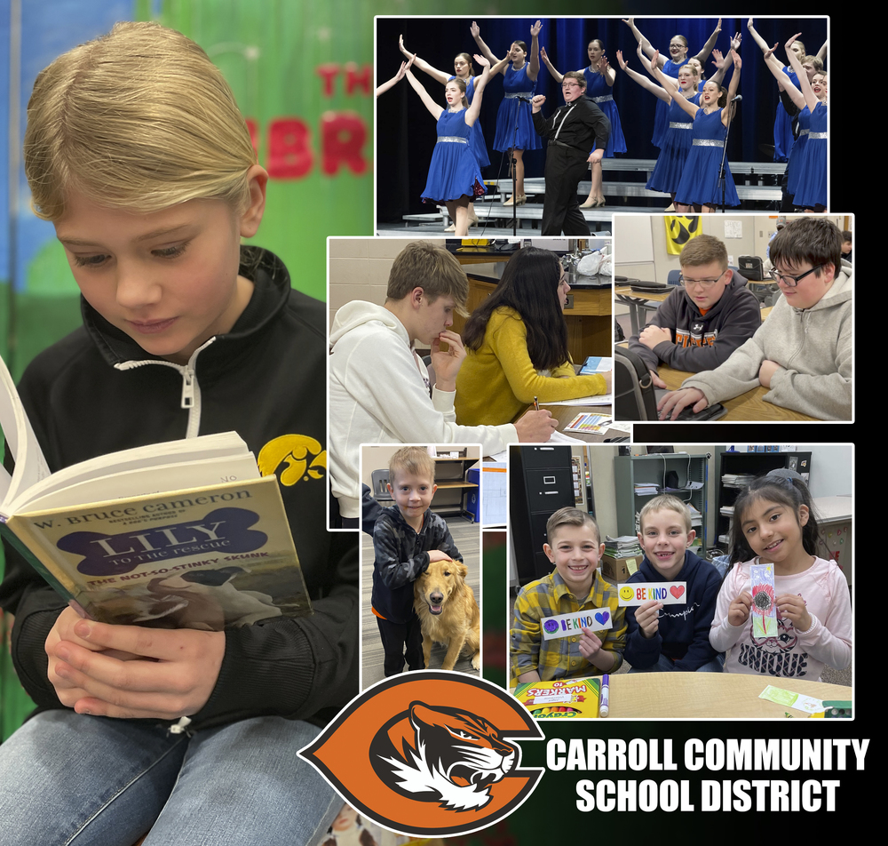Picture of Girl Reading, Show Choir Dancing, and Students Learning